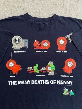 1998 Vintage South Park ‘’The Many Deaths of Kenny’’ Cartoon Comedy Tee Shirt